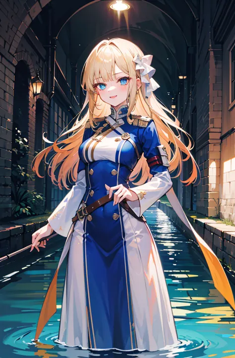 (standing painting: 1.2) + (1girl:1.5)+ golden hair + princess cut + white knight uniform + detailed eyes and nose + deep blue e...