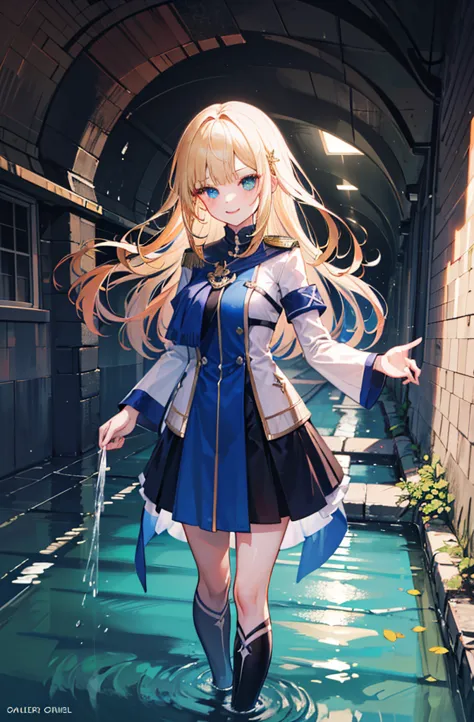 (standing painting: 1.2) + (1girl:1.5)+ golden hair + princess cut + white knight uniform + detailed eyes and nose + deep blue e...