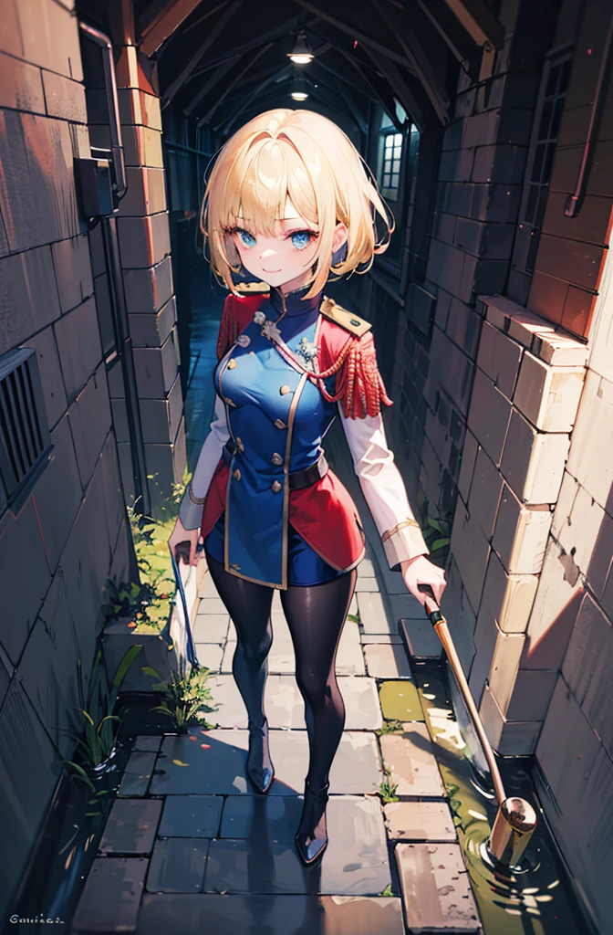 (Standing painting: 1.2) + (1girl:1.5)+ golden hair + princess cut + white knight uniform + detailed eyes and nose + deep blue eyes +  white battle uniform + domineering, masterpiece, best quality,evil smile,holy,((underground waterway background)),adult,underground waterway,((dark place)),((dark place)),((dark place)),((dark place)),((Dark underground canals where light does not reach)),