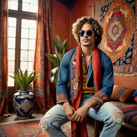Two male models are posing in a richly decorated environment that evokes a vintage and bohemian vibe. The standing model is posi...