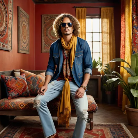 Two male models are posing in a richly decorated environment that evokes a vintage and bohemian vibe. The standing model is posi...