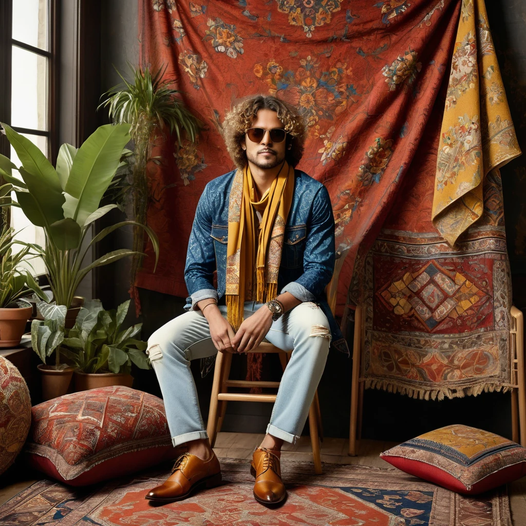 Two male models are posing in a richly decorated environment that evokes a vintage and bohemian vibe. The standing model is positioned on the left, wearing a blue denim kimono-style jacket adorned with intricate ethnic patterns and distressed edges. Underneath, he has a loose-fitting rust-colored shirt, accessorized with layered necklaces and a mustard yellow scarf tied around his neck. He pairs this with light-washed, slightly flared jeans and woven brown shoes. His curly hair adds to the laid-back, retro aesthetic. The seated model on the right is dressed in a mustard-colored, short-sleeved shirt with red details at the sleeves, paired with distressed jeans featuring patchwork and embroidery. He completes his look with a long, patterned scarf draped around his neck and retro-style sunglasses. His wavy hair cascades around his face, enhancing the 70s vibe.
The setting is an indoor space with an opulent backdrop of tapestries and textiles featuring floral and geometric patterns, predominantly in shades of red, blue, and cream. The walls and ceiling are draped with these richly decorated fabrics, creating an immersive, eclectic atmosphere. There are large potted plants adding a touch of greenery, and the floor is layered with various rugs and cushions in complementary patterns, providing a cozy, layered texture to the scene. The composition is balanced with the standing model on the left and the seated model on the right, creating a dynamic visual flow. The lighting is soft and diffused, enhancing the textures and colors of the fabrics and the models' outfits. This lighting setup suggests a late afternoon or indoor studio environment, with light filtering through curtains or softboxes to avoid harsh shadows. The photograph appears to be taken with a medium format camera, which captures high detail and depth. A slight upward angle is used to emphasize the height and presence of the standing model while keeping the seated model within the frame. 