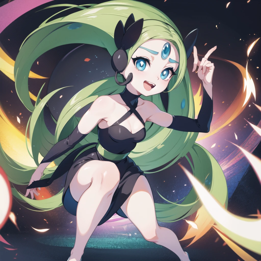 meloetta, pokemon \(creature\), mobface, blue eyes, chibi, :D, full body, black dress, green waist, concert stage, singing, dancing