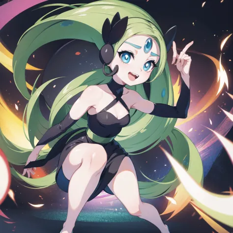 meloetta, pokemon \(creature\), mobface, blue eyes, chibi, :d, full body, black dress, green waist, concert stage, singing, danc...