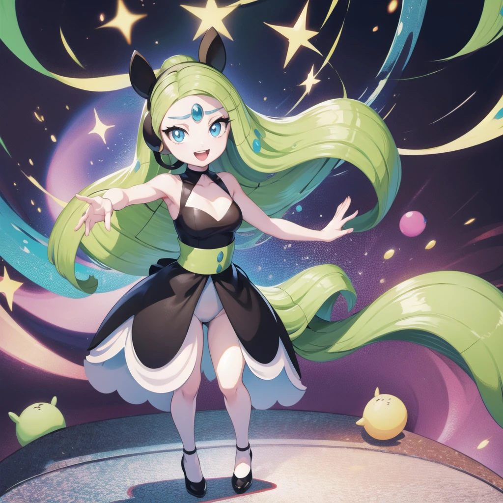 meloetta, pokemon \(creature\), mobface, blue eyes, chibi, :D, full body, black dress, green waist, concert stage, singing, dancing