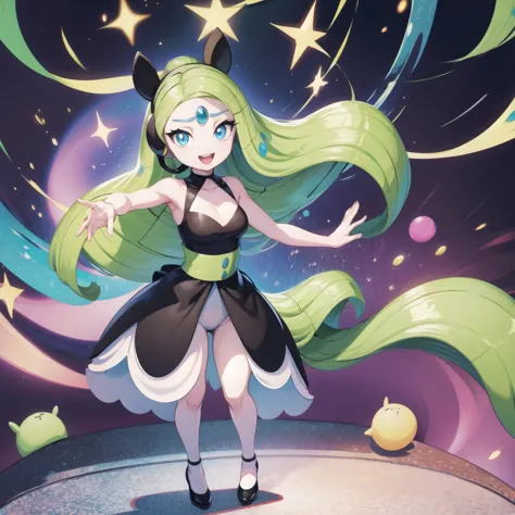 meloetta, pokemon \(creature\), mobface, blue eyes, chibi, :d, full body, black dress, green waist, concert stage, singing, danc...