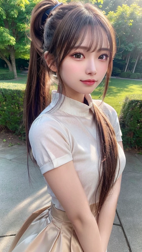 One piece with collar,outdoors,Urban Park,On the lawn,Ultra-detailed, finely detail, hight resolution, 8K Wallpaper, Perfect dynamic composition, Beautiful detailed eyes,Outdoor,Close-up of face,Outdoor,Blushing,Facing forward,,Long hair ponytail,((8k, Raw photo, Best Quality, Mastepiece:1.2), (Realism, Photorealistic:1.4), (Highly detailed 8K wallpapers), Depth of written boundary, Cinematic Lighting, Soft Light, Detailed Beauty Eye,Shiny and smooth light brown ponytail, Asymmetrical bangs, Shiny skin, Ultra-detailed skins ,It is high resolution., High detail, Detailed hairstyle, Detailed facial beauty, Hyper-realistic, Perfect limbs, Perfect Anatomy ,1 Japanese girl,Famous Japanese Idols, Perfect female body,A shy smile,Short eyelashes,Double-edged eyelids,Look straight here,Hair style: ponytail,