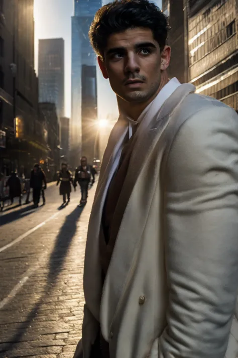 a handsome Greek boy, detailed photo of a young man, frontal view, worried expression, wearing a white sports coat, short black ...