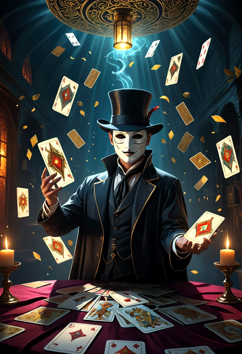 a magician wearing a mask, tarot cards floating in the air, mystical fantasy scene, detailed magical effects, ethereal lighting, dramatic composition, cinematic atmosphere, dark fantasy, moody colors, dramatic lighting, rich textures, chiaroscuro, intricate details, hyper-realistic, high definition, 8k, photorealistic, masterpiece, award-winning digital art