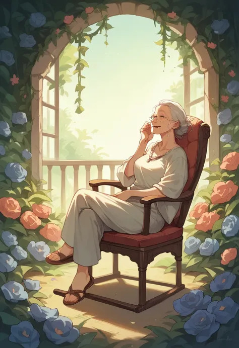 Old woman sitting in a rocking chair With the flowers in the old woman&#39;s lap and her eyes closed
