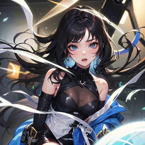 A woman,Wearing a black bunny girl suit,Black long hair,Blue eyes,in the club