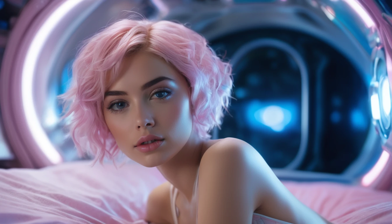 (8K, Raw photo, Highest quality, masterpiece :1.3), (Cute girl wearing short sleeve light pink blue shiny open puff :1.3), (small and taut breasts, Highly detailed face, Beautiful attention to detail, Beautiful lip detail :1.3), (Posing anxiously on the spaceship bed :1.3) (Pixie side shaved hair :1.3), (small and taut breasts :1.3)