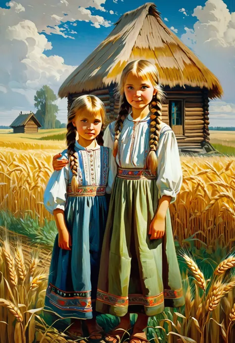 painting of two children in a field, beautiful sister with long Russian braid, holding little brother standing next to her, far ...