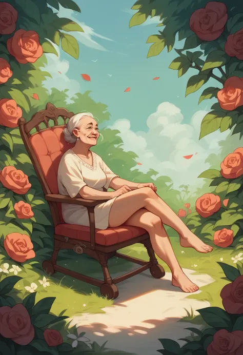 Old woman sitting in a rocking chair With the flowers in the old woman&#39;s lap and her eyes closed