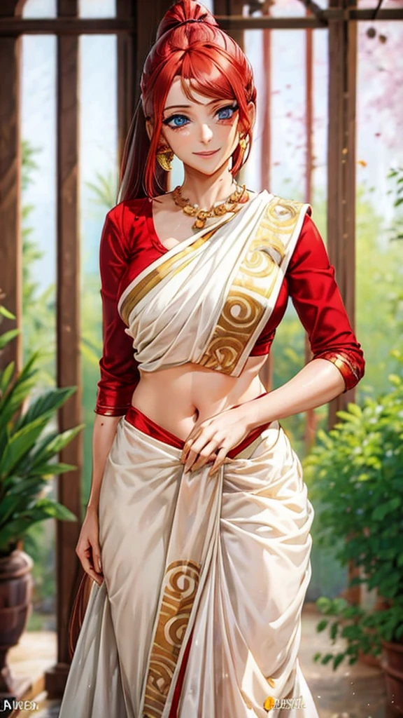 Uzumaki_kushina,Blue eyes, ,bangs,red hair ribbon, ponytail,
1 girl, 20yo,Young female,Beautiful long legs,Beautiful body,
Beautiful Nose,Beautiful character design, perfect eyes, perfect face,expressive eyes,perfect balance, cleavage,navel,bellybutton
,wearing indian Saree, standing ,  smiling playfully with a mischievous glint in her eyes. She looks up at the viewer,  The light casts a warm glow on her skin, highlighting her toned physique.  ,navel, cleavage, bellybutton 