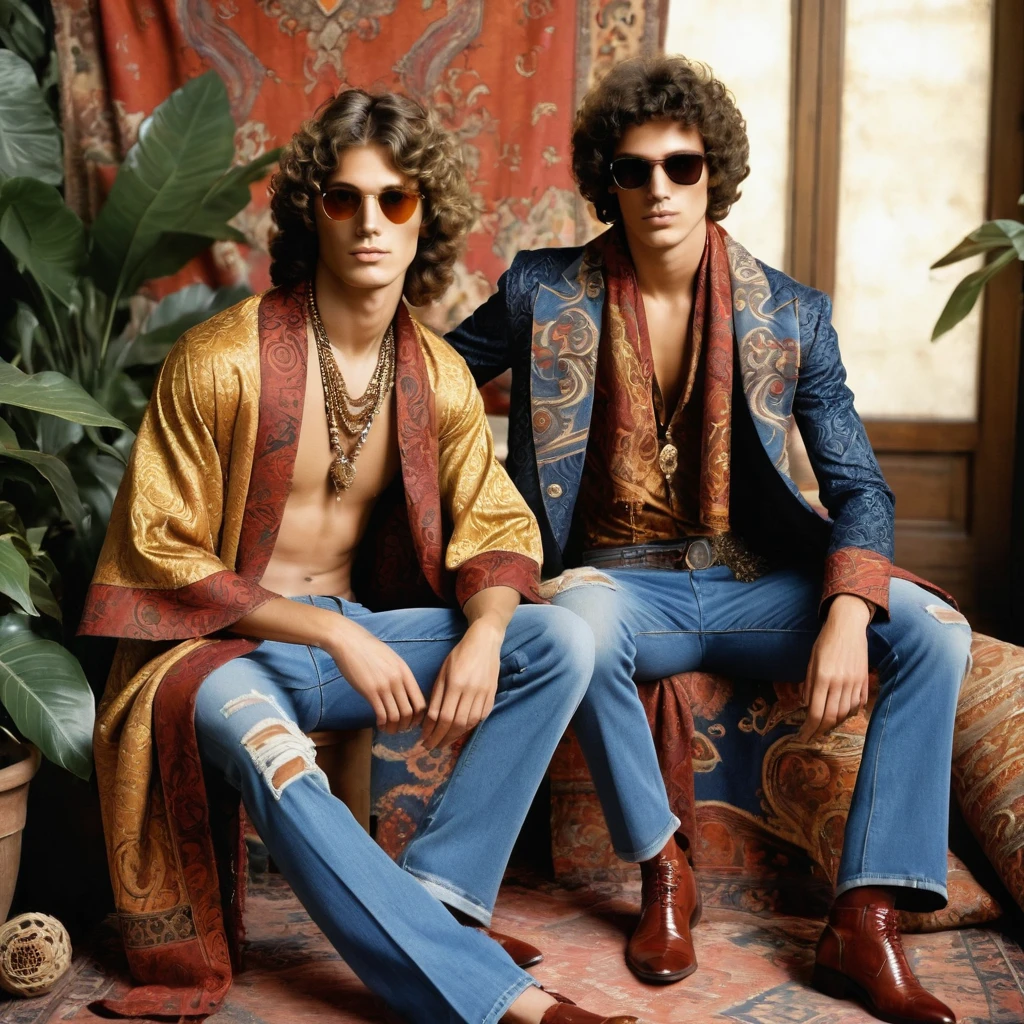 Generate an AI image featuring two young, handsome male models posed in a richly decorated, vintage bohemian setting. The standing model on the left wears a blue denim kimono-style jacket with ethnic patterns and distressed edges, layered over a rust-colored shirt, accessorized with layered necklaces and a mustard yellow scarf, paired with light-washed, flared jeans and woven brown shoes, his curly hair enhancing the retro aesthetic. The seated model on the right dons a mustard-colored, short-sleeved shirt with red details, distressed jeans with patchwork, a long patterned scarf, retro sunglasses, and wavy hair, adding to the 70s vibe. The environment is an indoor space with an opulent backdrop of floral and geometric patterned tapestries in red, blue, and cream, draping the walls and ceiling, with large potted plants adding greenery and layered rugs and cushions creating a cozy texture. The composition balances the standing model on the left and the seated model on the right, with soft, diffused lighting enhancing fabric textures and colors, suggesting a late afternoon or studio setup with filtered light. The photograph is taken using a Canon EOS R7 with a Sigma AF 85mm F1.4 EX DG HSM lens, providing a natural field of view and shallow depth of field to focus on the young, handsome models and their intricate outfits. The scene evokes the opulent, maximalist designs of Roberto Cavalli and the 1970s bohemian fashion photography, captured in the distinctive style of photographer Thomas Synnamon.