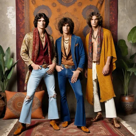 Generate an AI image featuring two young, handsome male models posed in a richly decorated, vintage bohemian setting. The standi...