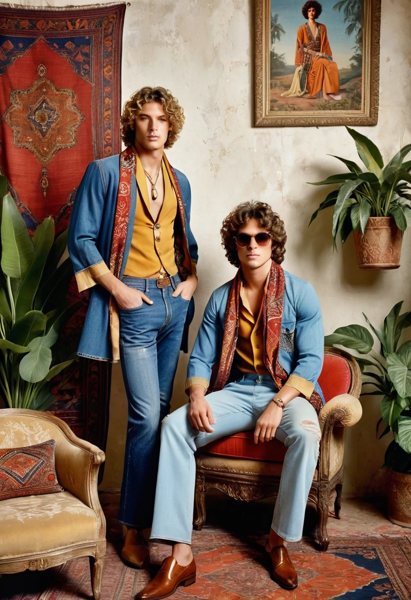 Generate an AI image featuring two young, handsome male models posed in a richly decorated, vintage bohemian setting. The standing model on the left wears a blue denim kimono-style jacket with ethnic patterns and distressed edges, layered over a rust-colored shirt, accessorized with layered necklaces and a mustard yellow scarf, paired with light-washed, flared jeans and woven brown shoes, his curly hair enhancing the retro aesthetic. The seated model on the right dons a mustard-colored, short-sleeved shirt with red details, distressed jeans with patchwork, a long patterned scarf, retro sunglasses, and wavy hair, adding to the 70s vibe. The environment is an indoor space with an opulent backdrop of floral and geometric patterned tapestries in red, blue, and cream, draping the walls and ceiling, with large potted plants adding greenery and layered rugs and cushions creating a cozy texture. The composition balances the standing model on the left and the seated model on the right, with soft, diffused lighting enhancing fabric textures and colors, suggesting a late afternoon or studio setup with filtered light. The photograph is taken using a Canon EOS R7 with a Sigma AF 85mm F1.4 EX DG HSM lens, providing a natural field of view and shallow depth of field to focus on the young, handsome models and their intricate outfits. The scene evokes the opulent, maximalist designs of Roberto Cavalli and the 1970s bohemian fashion photography, captured in the distinctive style of photographer Thomas Synnamon.