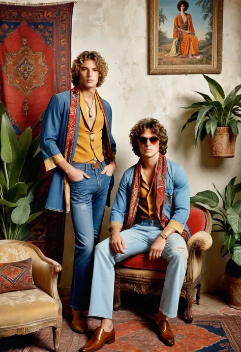 generate an ai image featuring two young, handsome male models posed in a richly decorated, vintage bohemian setting. the standi...