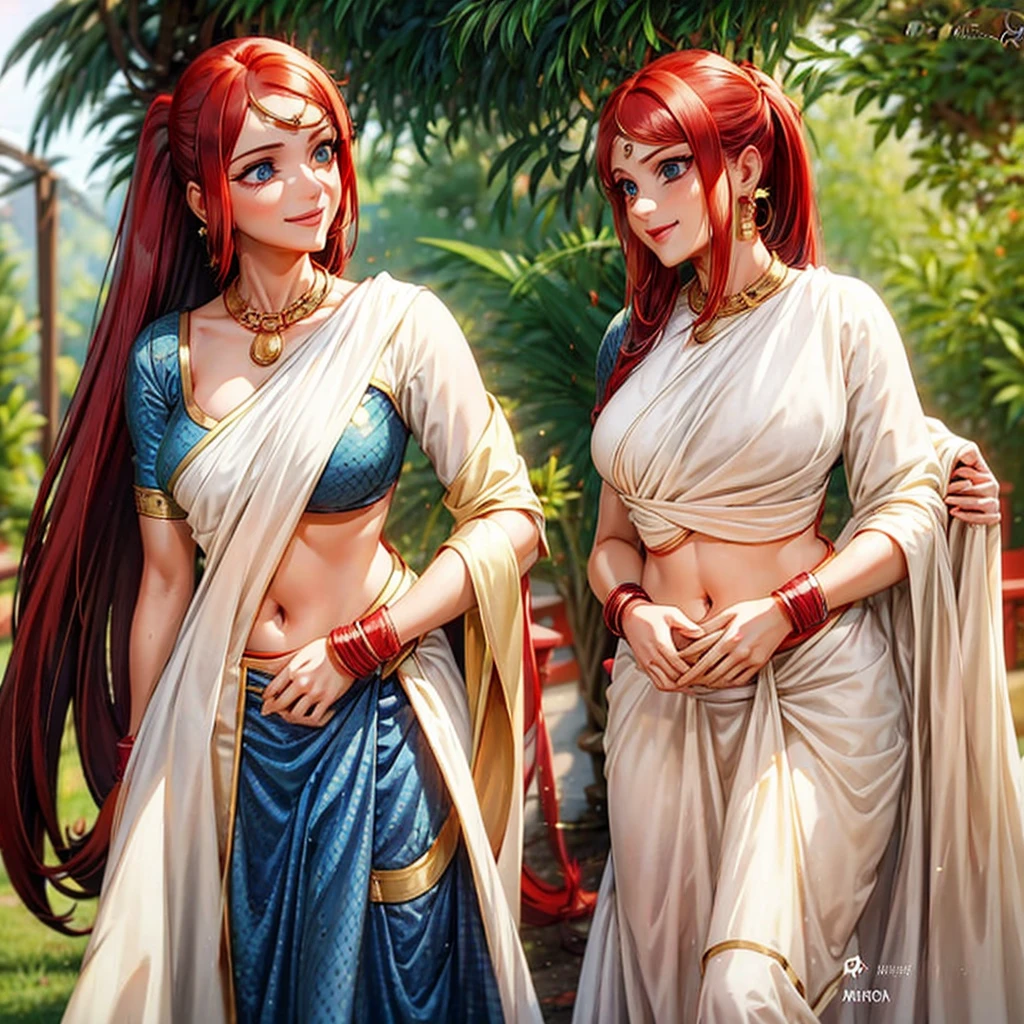 Uzumaki_kushina,Blue eyes, ,bangs,red hair ribbon, ponytail,
1 girl, 20yo,Young female,Beautiful long legs,Beautiful body,
Beautiful Nose,Beautiful character design, perfect eyes, perfect face,expressive eyes,perfect balance, cleavage,navel,bellybutton
,wearing indian Saree, standing ,  smiling playfully with a mischievous glint in her eyes. She looks up at the viewer,  The light casts a warm glow on her skin, highlighting her toned physique.  ,navel, cleavage, bellybutton 