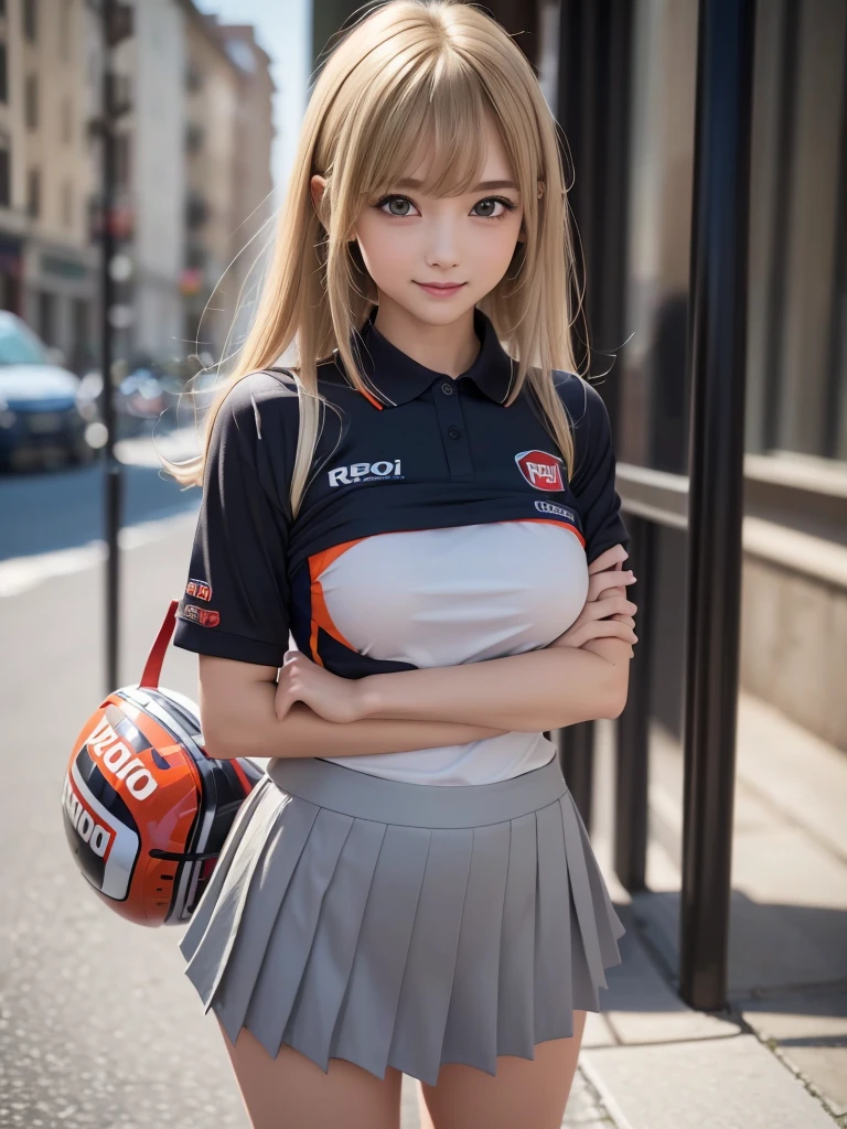 (8k, RAW Photos, Highest quality, masterpiece:1.2), (Realistic, photo-Realistic:1.4), (Highly detailed 8K wallpapers), ((Full Body Shot)), (((1 girl))), Sharp focus, Depth of written boundary, Cinematic lighting, Soft Light, The beauty of detail, eye_Chan, Very beautiful 17 year old girl, innocent big eyes, Realistic, photo Realistic, Highly detailed cute girl, (Thin thighs), (Model Body Type), (((MotoGP Repsol Honda Team polo shirt))), ((Micro Mini Pleated Skirt)), (((Fold your arms in front of your chest and act arrogantly))), ((A happy smile)), Parted lips, Watching the audience, (On the streets of Britain) , (bionde), (Long Bob Hair), (Asymmetrical bangs)