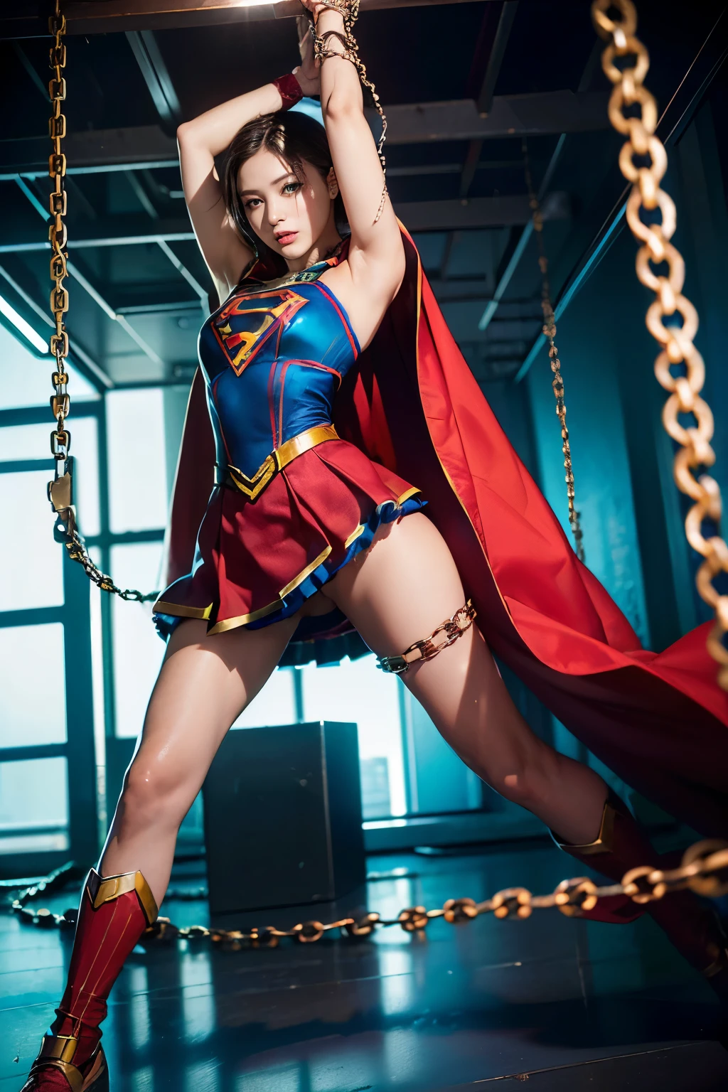 masterpiece,Highest quality, 超A high resolution, (Realistic), RAW Photos, Octane Rendering, ((Wearing a Supergirl costume, Chained to a cross)), (Chain Restraint Trap), ((Chains woven like a spider&#39;s web)), ((Too many chains)), ((Stretch your limbs 1.5)), (The chain is stretched straight), (Thick chains are entangled around my body), (Thick chains pull on wrists and ankles), Mature Woman, (32 years old), Plump face:1.2, sexy, Highest quality, Very detailed, Very accurate, ((Wearing a Supergirl suit, restrained by chains)), (An elaborate Supergirl suit, Intricate Design), ((Halter neck, Mini Pleated Skirt, Exposed thighs, Long gloves, Latex Thigh Boots, Stiletto heels,tiara)), ((Shiny Suit)), Black Hair:1.3, Short Bob Hair:1.2, Big eyes:1.2, Droopy eyes:1.1, eye make up:1.2, Large Breasts:1.1, Detailed eyes:1.4, Looking at the viewer:1.2,