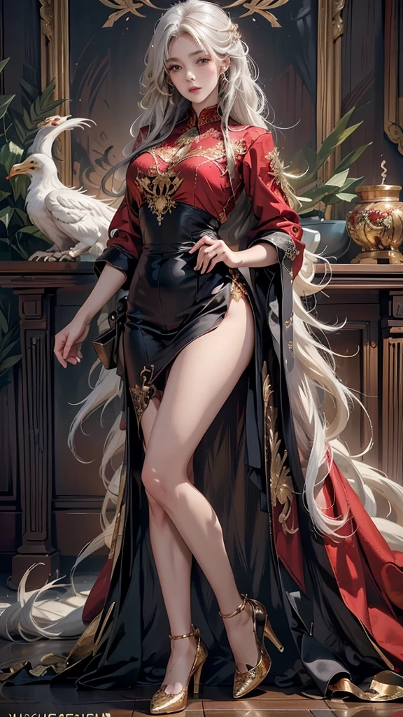 ((Masterpiece, Highest quality)), detailed face, character design sheet，full body, full of details, Various gestures and expressions, Highly detailed, Depth, many parts，beautiful woman，Cinematic lighting，glowing，red and gold，Phoenix decoration，light yarn，lace，ถุงน่องlace，high-heels