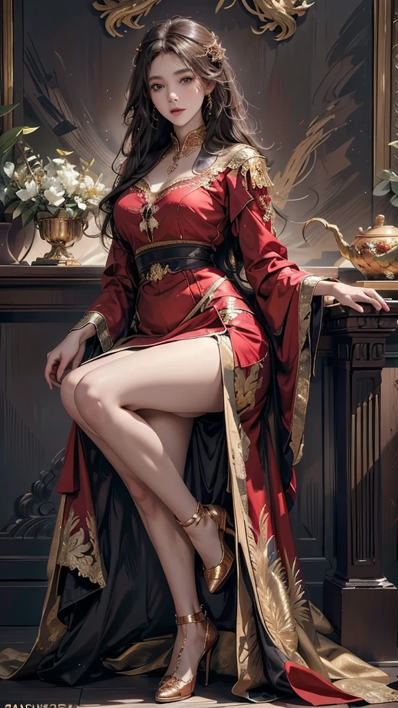 ((Masterpiece, Highest quality)), detailed face, character design sheet，full body, full of details, Various gestures and expressions, Highly detailed, Depth, many parts，beautiful woman，Cinematic lighting，glowing，red and gold，Phoenix decoration，light yarn，lace，ถุงน่องlace，high-heels