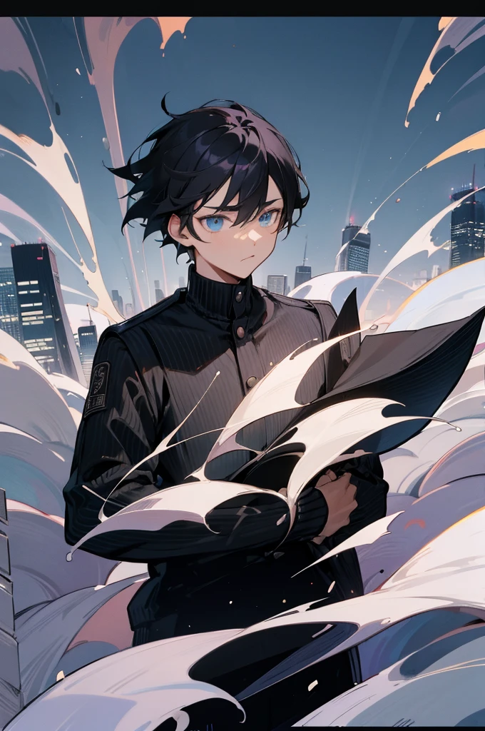 homme, young homme, homme black hair, yeux bleus, Pull noir, photo dans la ville la nuit, anime portrait, Vue nocturne sur la ville, extrêmement détaillé, feuilleter un livre.