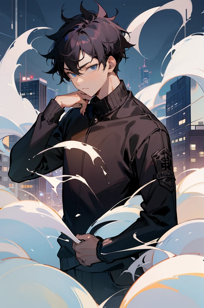 homme, young homme, homme black hair, yeux bleus, Pull noir, photo dans la ville la nuit, anime portrait, Vue nocturne sur la ville, extrêmement détaillé, feuilleter un livre.