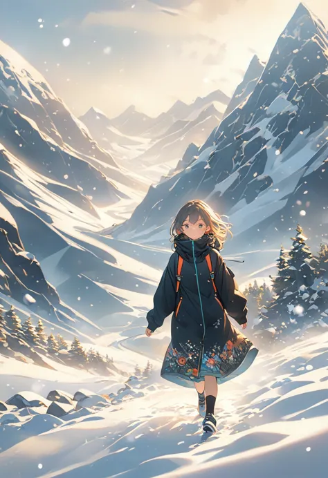 a girl in a black windbreaker is walking slowly in the snowy mountains，snow（（best quality））， （（intricate details））， （（surrealism...