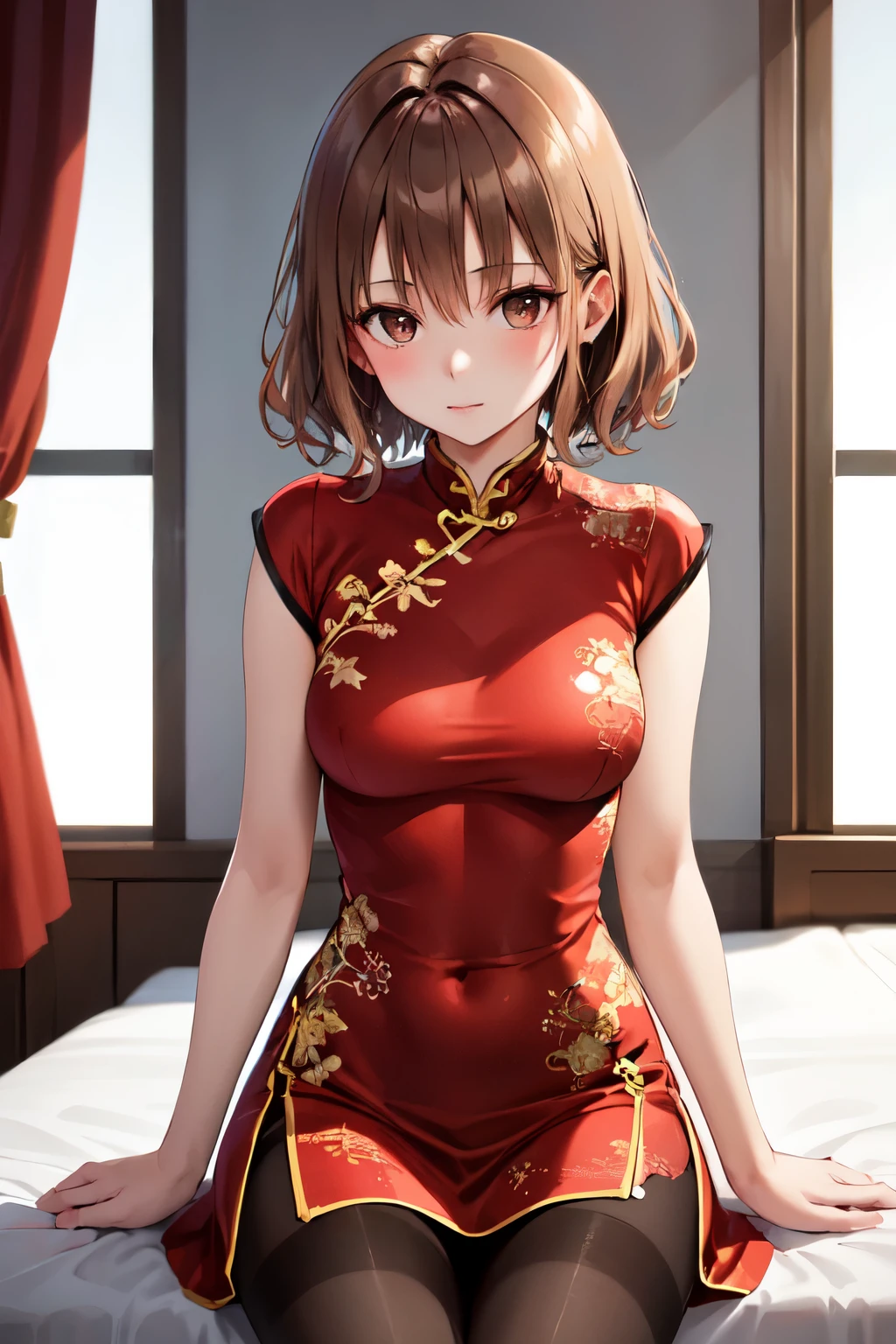 masterpiece, Highest quality, High resolution, One girl, alone, short hair, Brown Hair, Brown eyes, Bedroom、((pantyhose))、(China dress)、(Long skirt)