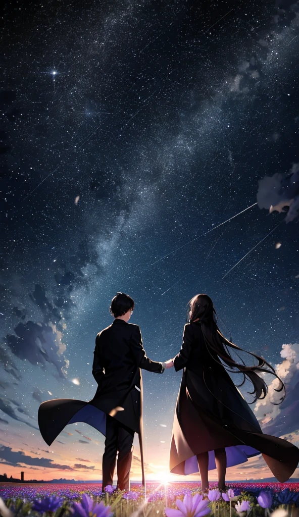 Starry Sky，Animated scene of a couple standing in a flower field,Back view，I can't see facial expressions，The man is wearing a long black coat，The woman is wearing a white long coat