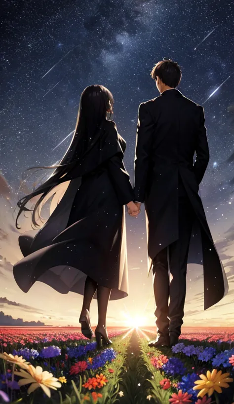 starry sky，animated scene of a couple standing in a flower field,back view，i can't see facial expressions，the man is wearing a l...