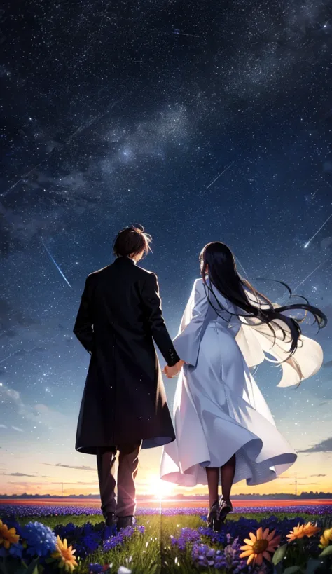 starry sky，animated scene of a couple standing in a flower field,back view，i can't see facial expressions，the man is wearing a l...