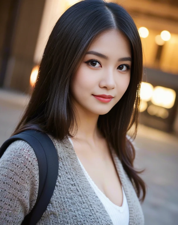 canon rf 85mm f1.2, (​masterpiece:1.3), 8K, Photorealsitic, Raw photography, (Top image quality:1.4), asian high school girls, (black long straight hairs pulled to the front:1.2), (cleavage of the breast:0.8), Super Detail Face, (sharp focus:1.2), (pretty woman:1.4), top-quality,​ masterpiece, A high resolution, (Photorealsitic:1.4), Highly detailed and professional lighting, slender, wearing cardigan, serious facial expression, rules of third, 1 person, pretty eyes, pretty smile, standing on the street at night, medium body shot