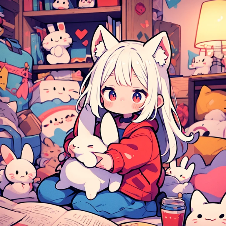 On a bright red campus"YES"Character、beautiful illustration, best quality, cute girl, bedroom, pastel color, fluffy bunny ears, , silver long hair, rabbit stuffed toy, bright lighting, light pink eyes