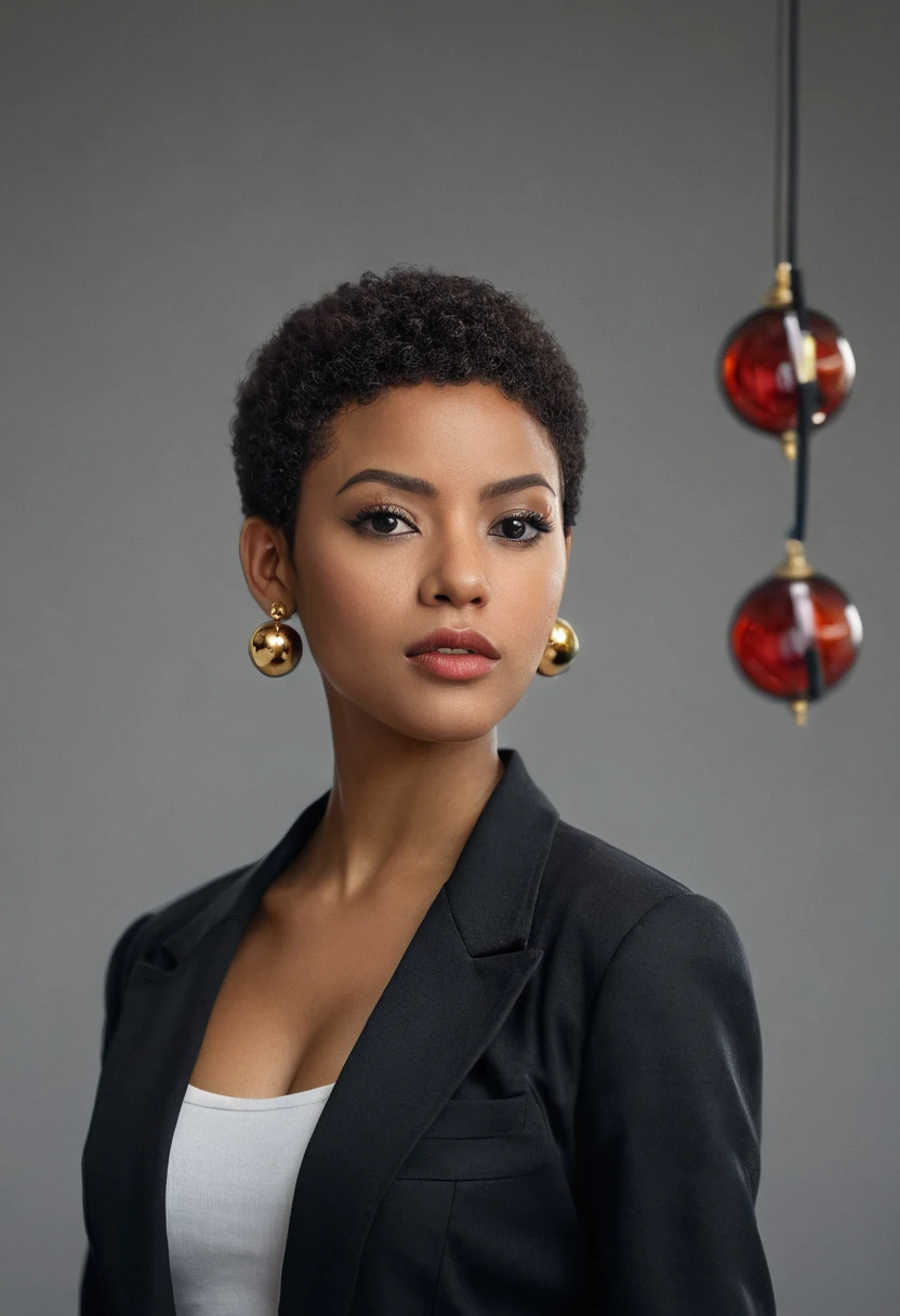 1 girl, epicrealism, Still cinematic, (((striking facial features))), Charming African-American woman, (((black female))), (((face neutral))), (((Cropped hair))), (((very dark skin))), (((busty black females))), (((boxum girl))), (((big pressed together))), (((afro hair ))), make up, (((wearing blazer))), (((wearing pencil skirt))), (((Tao Splash earrings in gold))), (((facefocus))), good white balance, (two cinematic light sources in opposite directions), (two volumetric light sources in opposite directions), (natural shading), (((Neutral gray backdrop))), (((black and white photo with only the colored red sphere))), Shot on Hasselblad X2D 100C, 80mm lense, Depth of field, bokeh, Film grain, vivid color, female poses, expressive female portrait, (((full body shot shot)))
