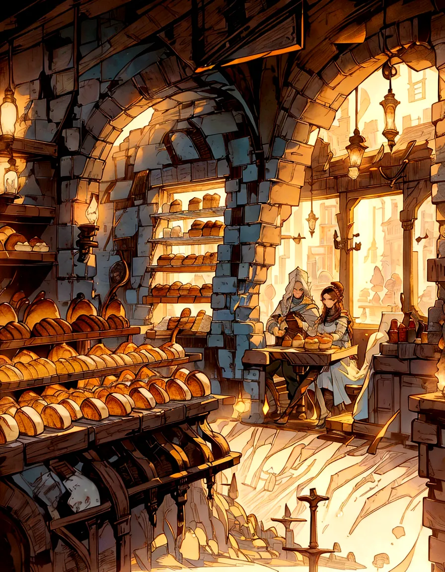 there is a bakery with lots of breads and pastries on display, fantasy bakery interior setting, bakery, fantasy bakery, cozy caf...