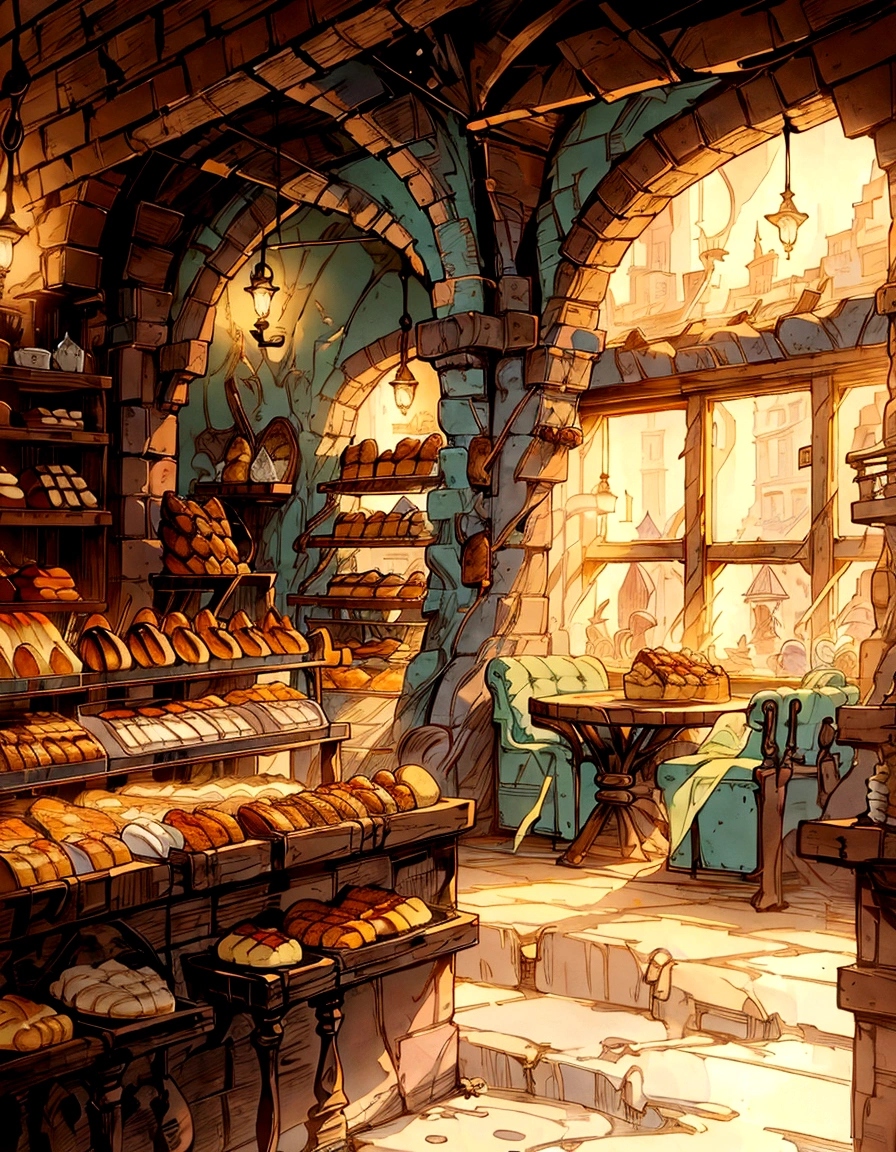 there is a bakery with lots of breads and pastries on display, fantasy bakery interior setting, bakery, fantasy bakery, cozy cafe background, cute bakery shop, fresh bakeries in the background, by Arthur Pan, dramatic lighting. concept art, background art, amazing wallpaper, by Aleksander Gine, detailed lighting and textures, background artwork, by Alexander Kucharsky