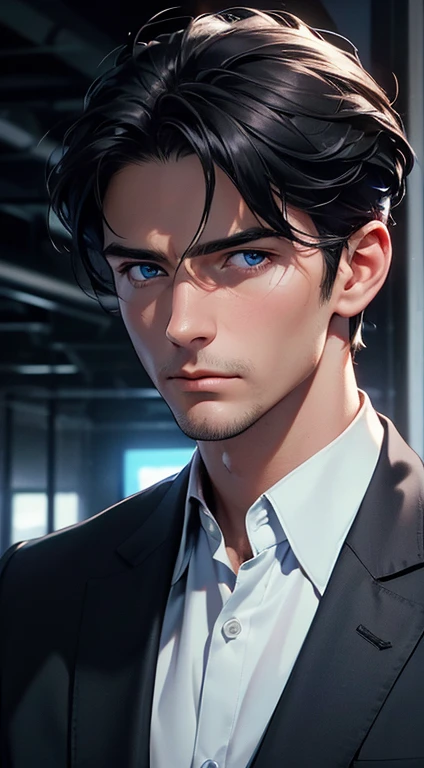 (best quality, masterpiece, 8K, photorealistic, cinematic lighting, 1:4 hdr image, ultra detailed, beautiful image), a mature man, 34 years very handsome, ((cold expression)), short black hair, blue eyes, face perfect without mistakes, ((buttoning his jacket, CEO))