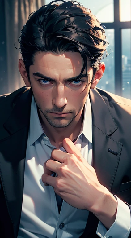 (best quality, masterpiece, 8K, photorealistic, cinematic lighting, 1:4 hdr image, ultra detailed, beautiful image), a mature man, 34 years very handsome, ((cold expression)), short black hair, blue eyes, face perfect without mistakes, ((buttoning his jacket, CEO))