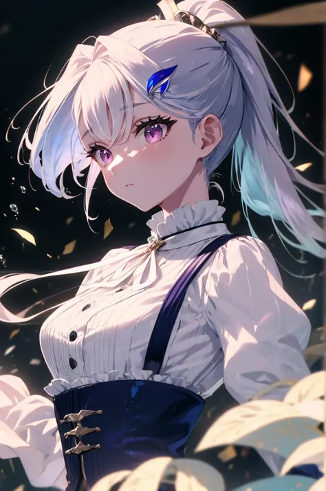 rizeheruesta（nijisanji）,ponytail,gray hair,light blue hair on the inside,hair ornaments,purple eyes,maid clothes,beautiful,maste...