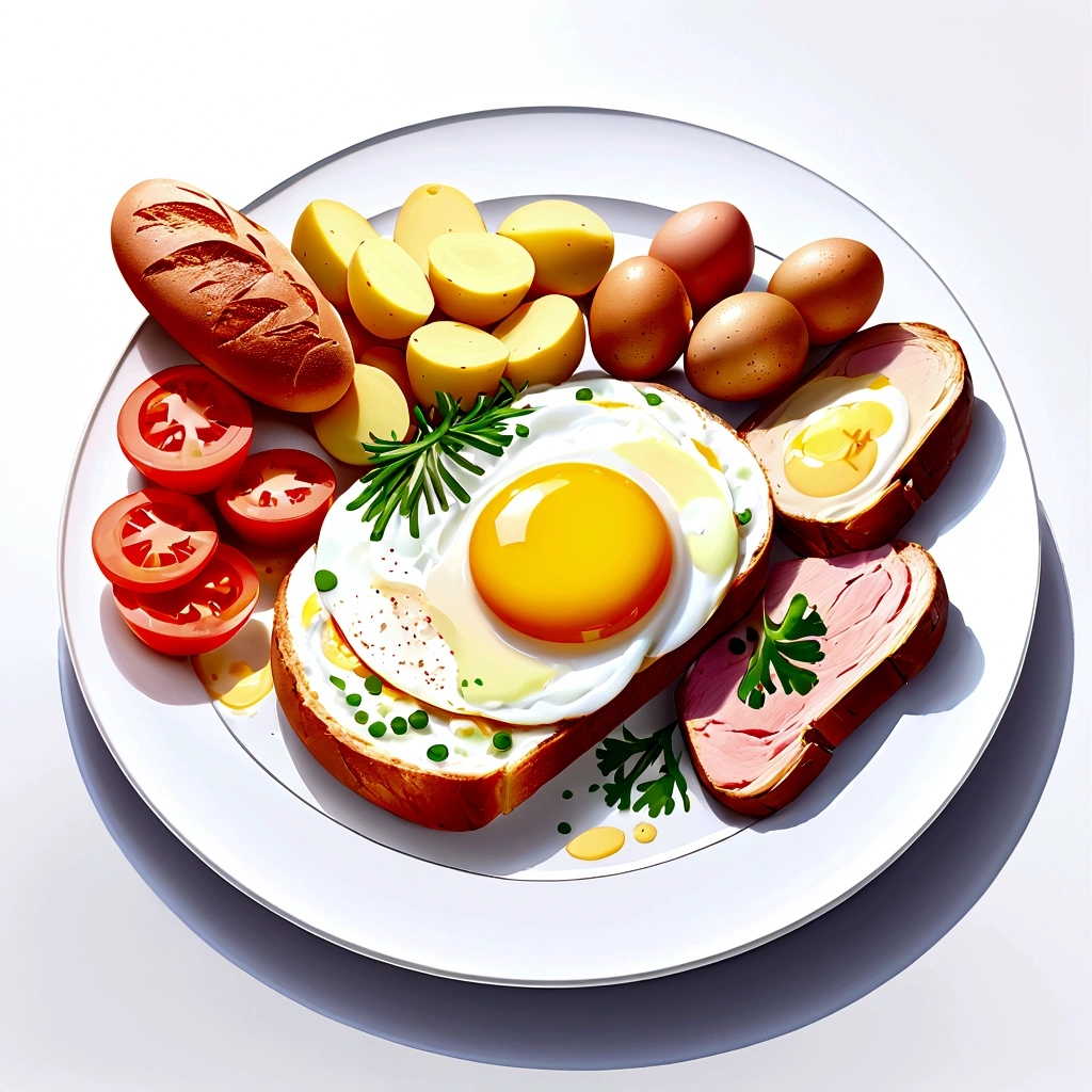 ((best quality)), ((masterpiece)), (detailed), water color style, create a picture of healthy food on a plate. The food consist of, Eggs, bread, potatoes, glass of milk, meat, chicken meat, some vegetables, against brilliant white background, 8k, high resolution, vibrant color, isolated white