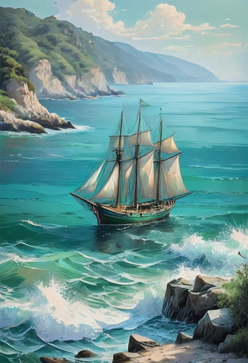 (masterpiece, top quality, Best quality, official art, beautiful and aesthetic: 1.2), Seascapes depict scenes of the sea coast. They often depict boats, ships and other nautical elements. These paintings have a blue and green color palette and are known for their peaceful atmosphere.