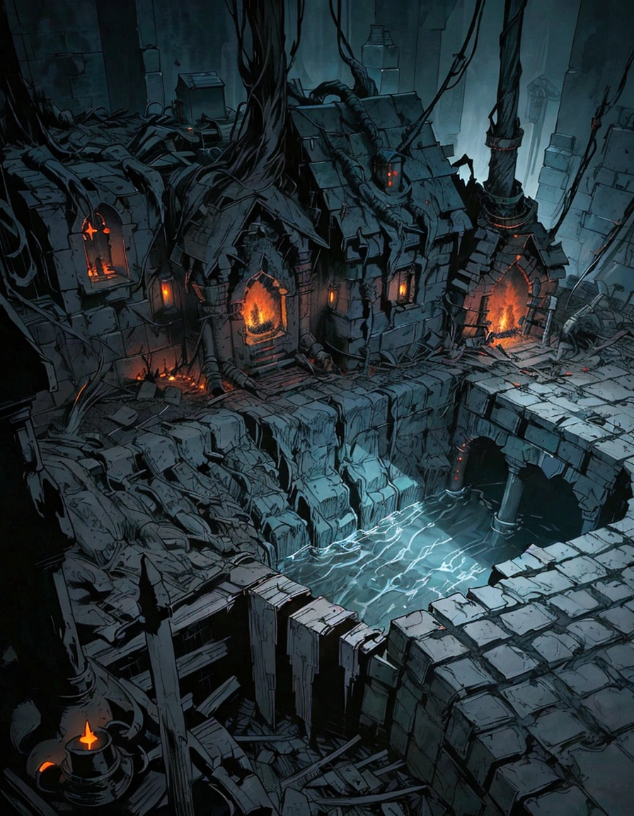 a close up of a building with a fire in the middle of it, dark souls concept art, sewer background, photorealistic dark concept art, ancient dungeon, dungeon background, highly detailed concept art, eerie nostalgic concept art, darksouls concept art, dark concept art, dungeon and dragons art, dark fantasy environment, sewers, dramatic lighting. concept art