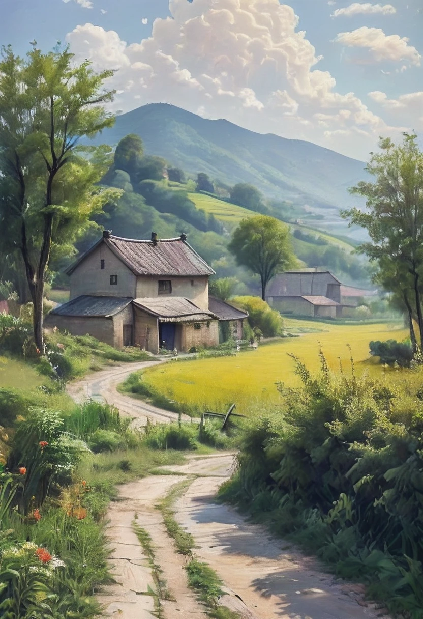 (obra de arte, qualidade máxima, melhor qualidade, Arte oficial, bonito e estético:1.2), A pintura de paisagem campestre é um gênero que retrata a essência da vida rural e da natureza ao lado do homem comum da aldeia. colinas, terras agrícolas e pequenas aldeias podem ser vistas frequentemente aqui.