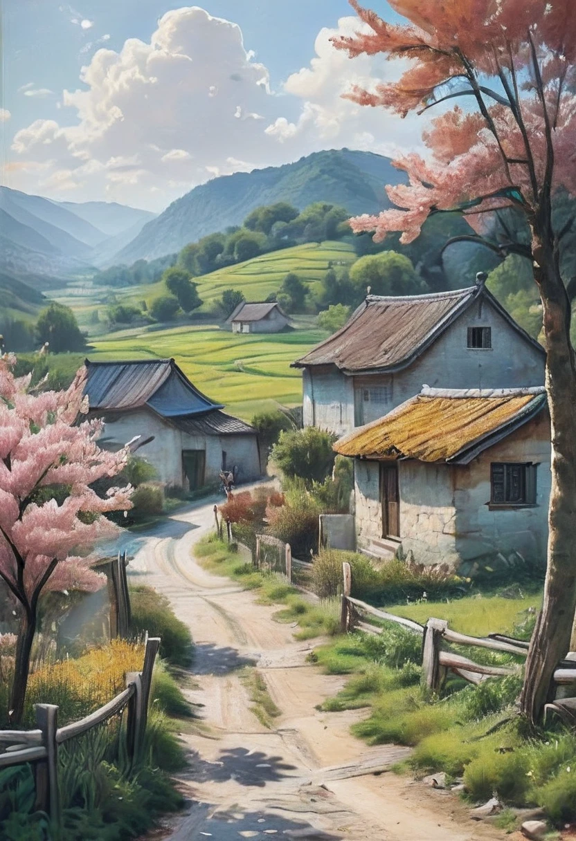 (obra de arte, qualidade máxima, melhor qualidade, Arte oficial, bonito e estético:1.2), A pintura de paisagem campestre é um gênero que retrata a essência da vida rural e da natureza ao lado do homem comum da aldeia. colinas, terras agrícolas e pequenas aldeias podem ser vistas frequentemente aqui.