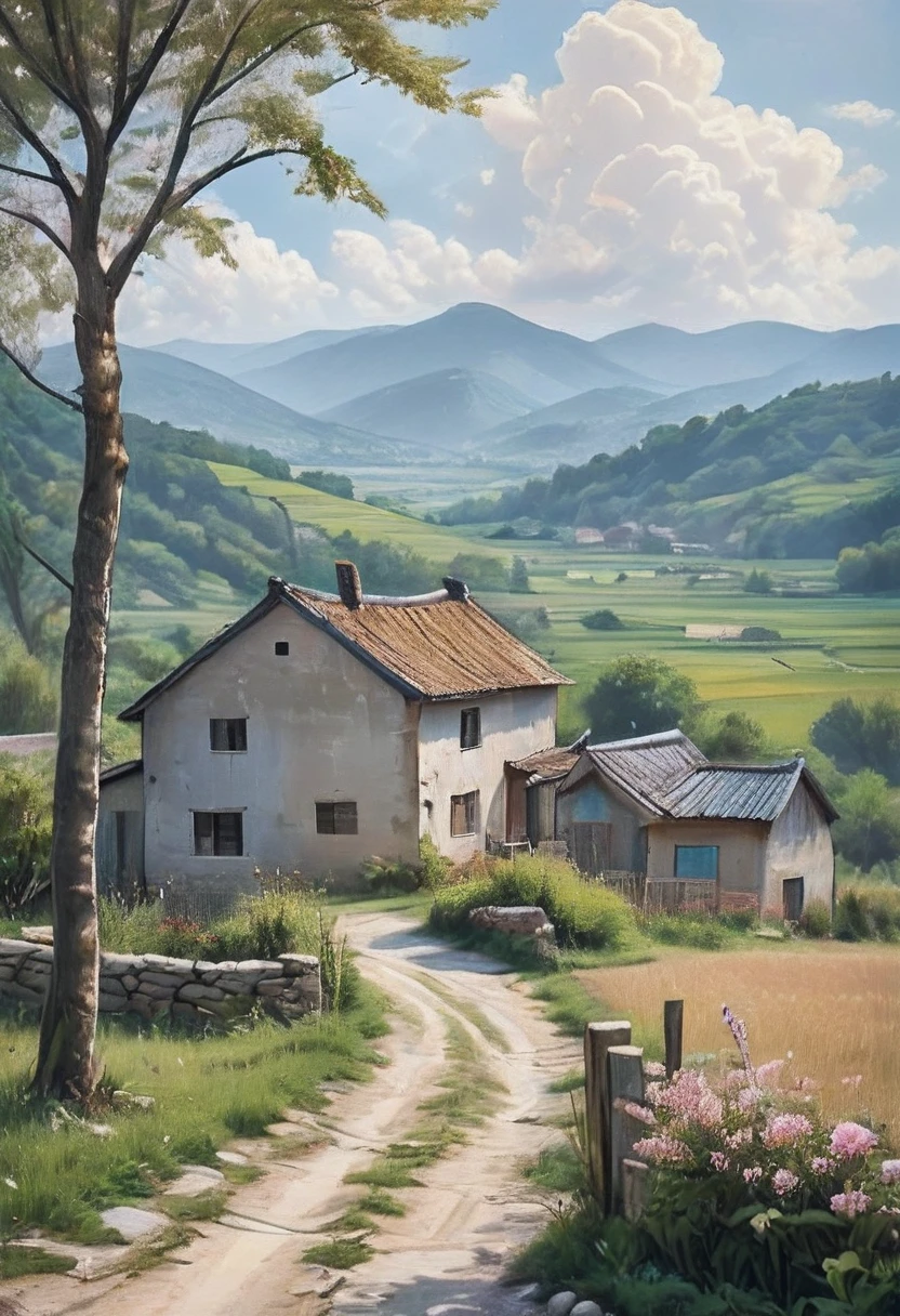 (obra de arte, qualidade máxima, melhor qualidade, Arte oficial, bonito e estético:1.2), A pintura de paisagem campestre é um gênero que retrata a essência da vida rural e da natureza ao lado do homem comum da aldeia. colinas, terras agrícolas e pequenas aldeias podem ser vistas frequentemente aqui.