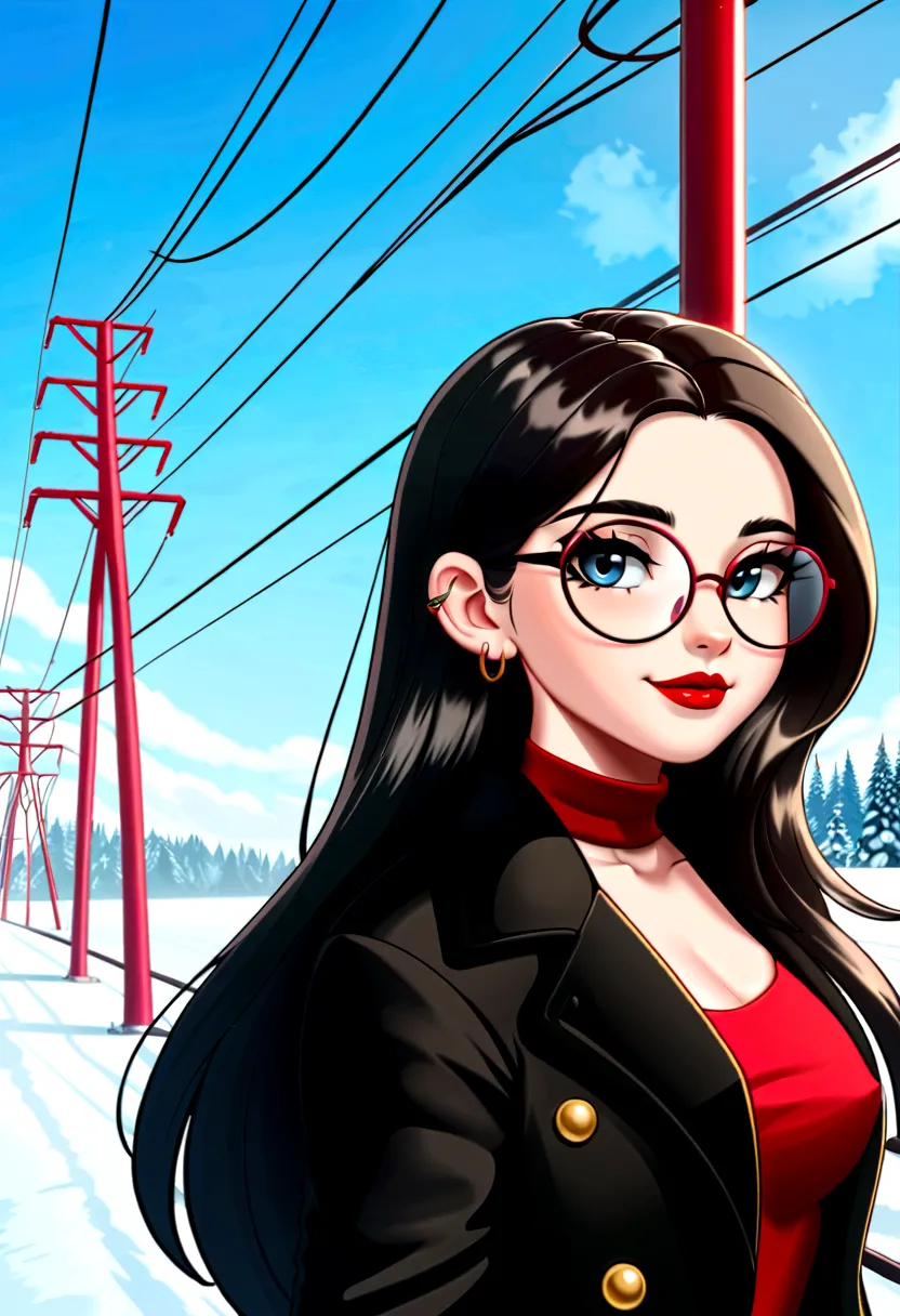 same,, 1 girl, animal, black eyes, black hair, blue sky, clear sky, earrings, glasses hanging, took off the glasses, black trenc...